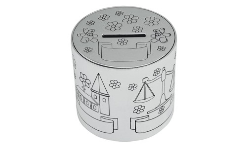 Sparebøsse med barnedåbs motiver i sølvplet